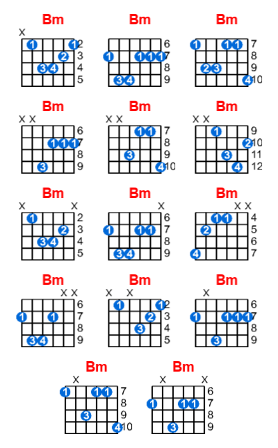 Bm guitar chord charts/diagrams with finger positions and variations