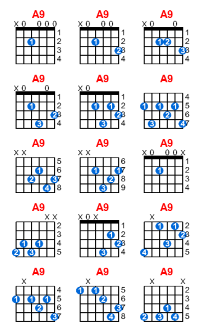 A9 guitar chord charts/diagrams with finger positions and variations