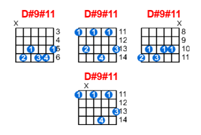 D#9#11 guitar chord charts/diagrams with finger positions and variations