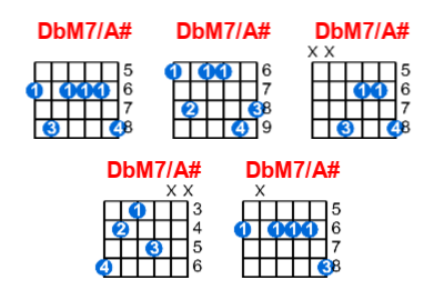DbM7/A# guitar chord charts/diagrams with finger positions and variations