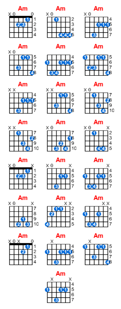Am guitar chord charts/diagrams with finger positions and variations