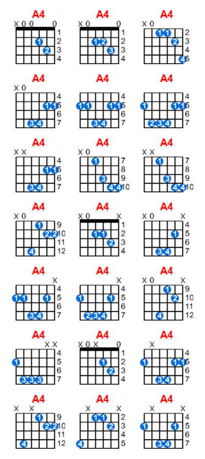 A4 guitar chord charts/diagrams with finger positions and variations
