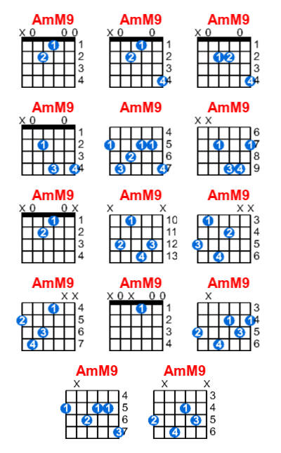 AmM9 guitar chord charts/diagrams with finger positions and variations