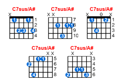 C7sus/A# guitar chord charts/diagrams with finger positions and variations