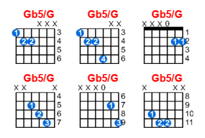 Gb5/G guitar chord charts/diagrams with finger positions and variations