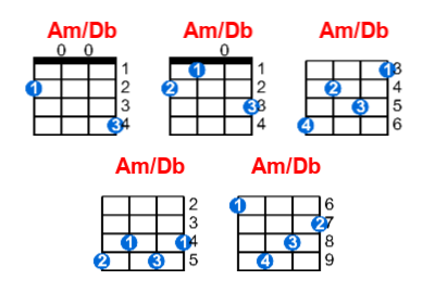 Am/Db ukulele chord charts/diagrams with finger positions and variations