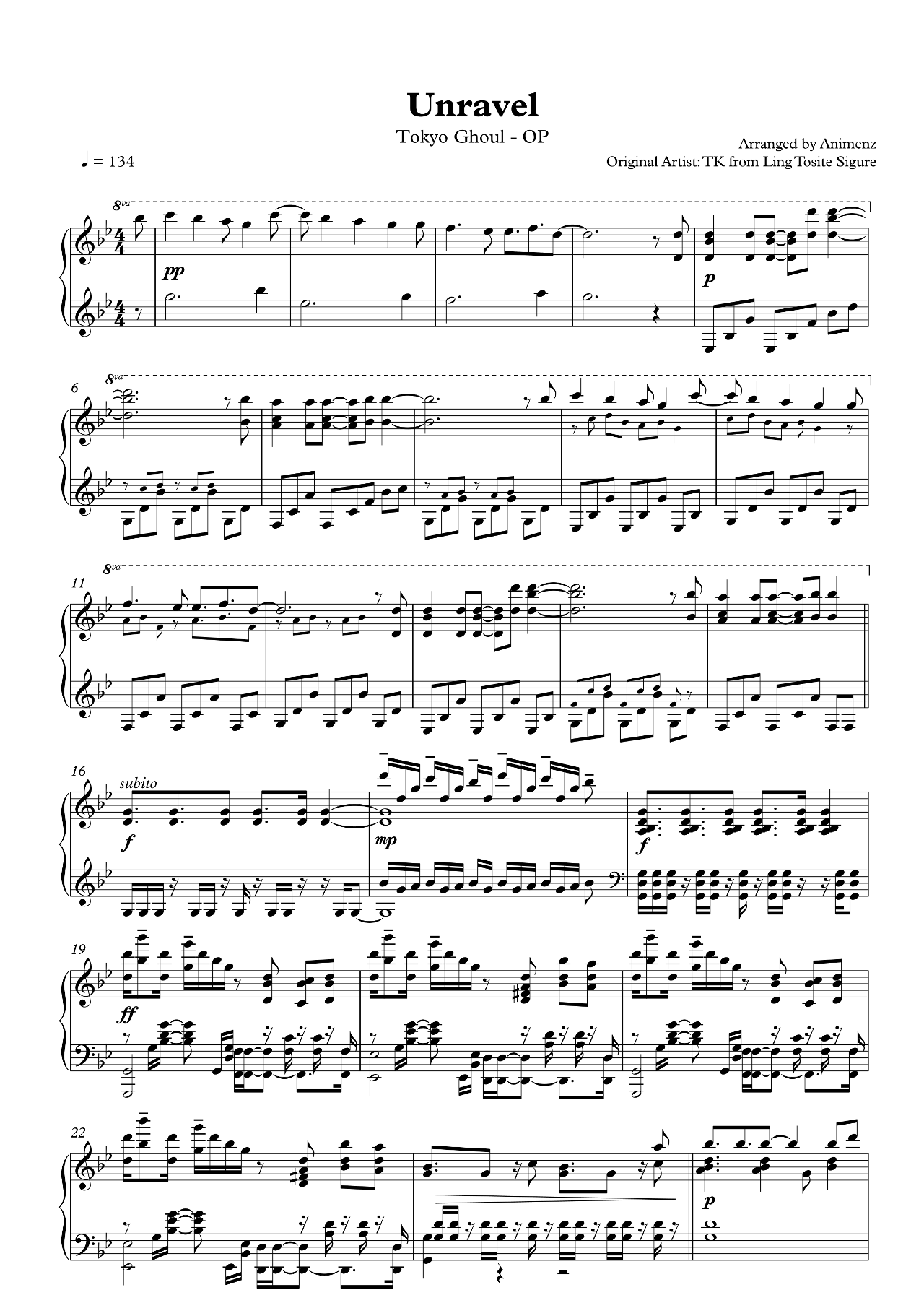 Unravel sheet music