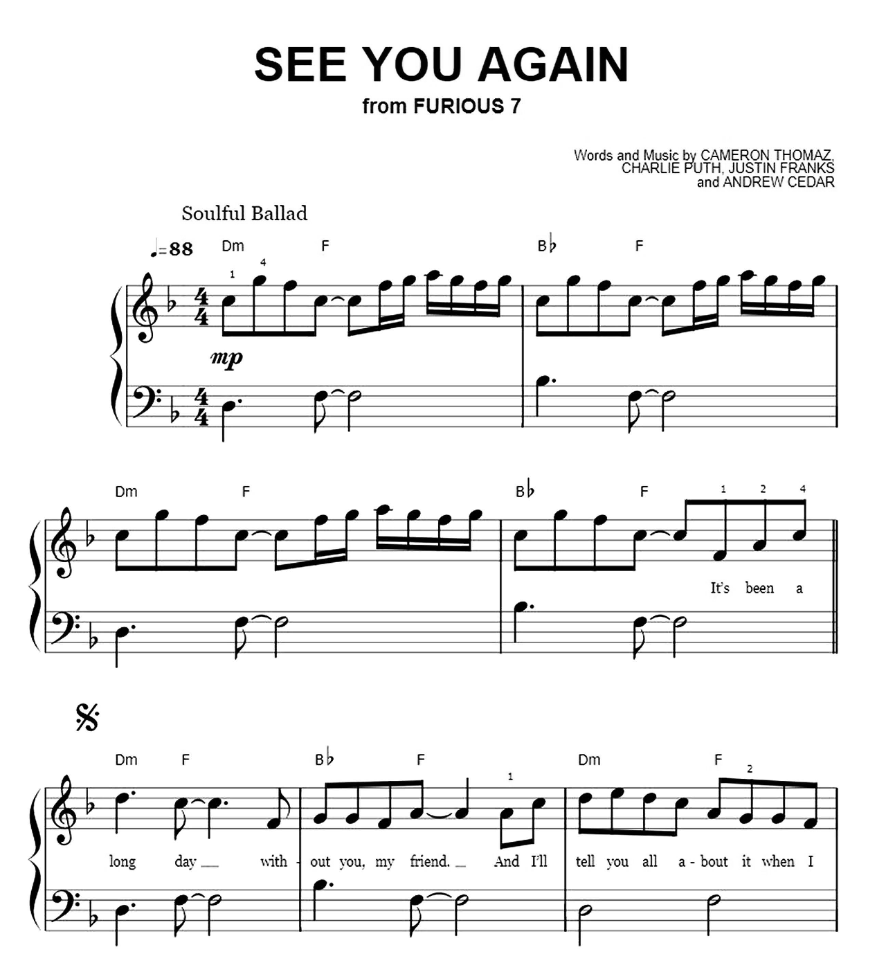 See You Again (easy Piano From Furious 7) sheet music