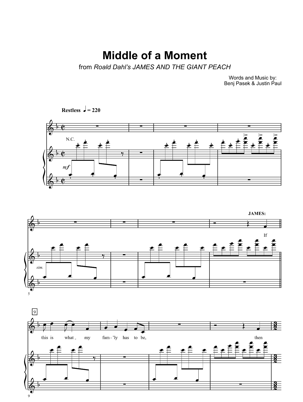 Middle Of A Moment (from James And The Giant Peach) sheet music