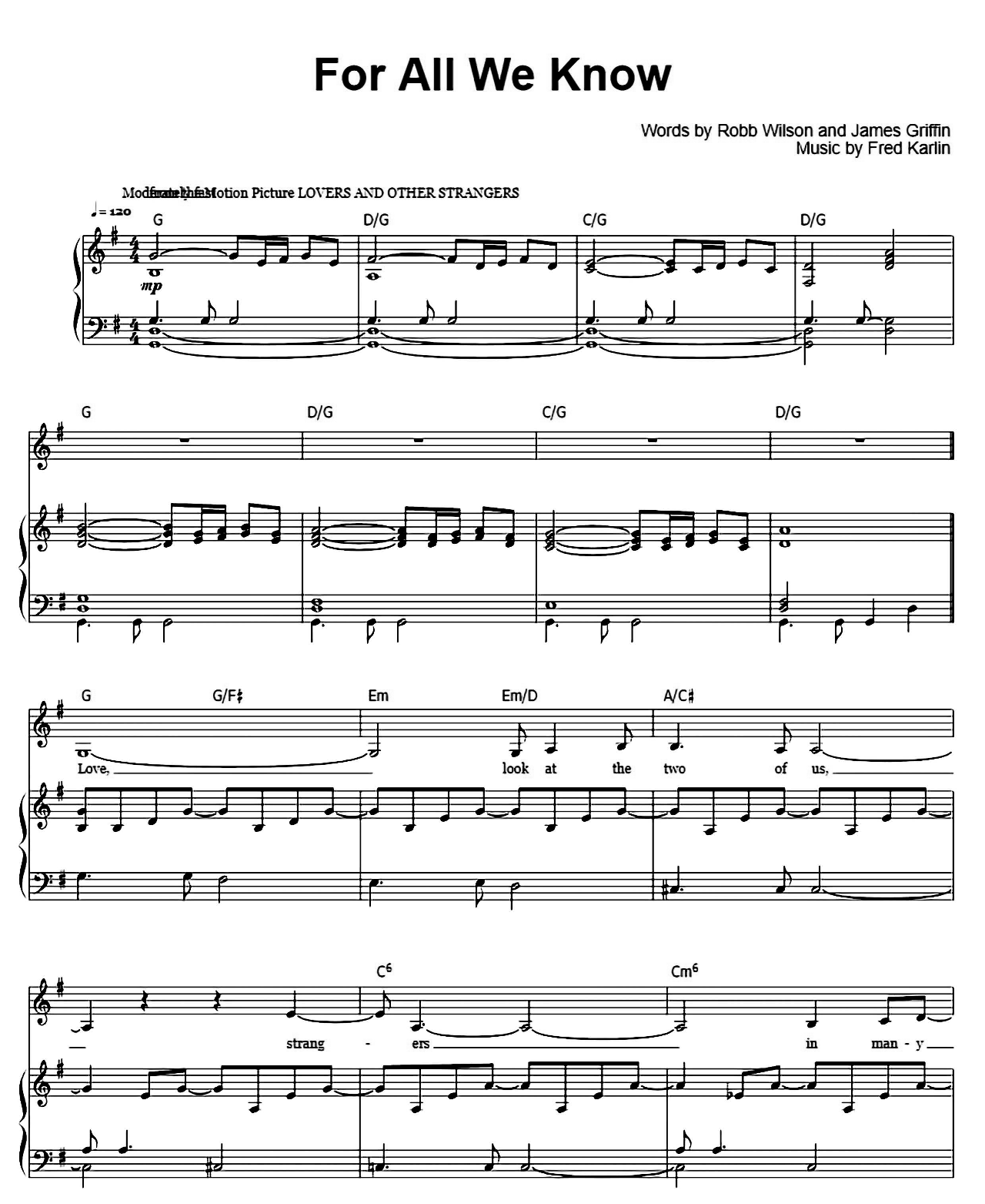 For All We Know sheet music