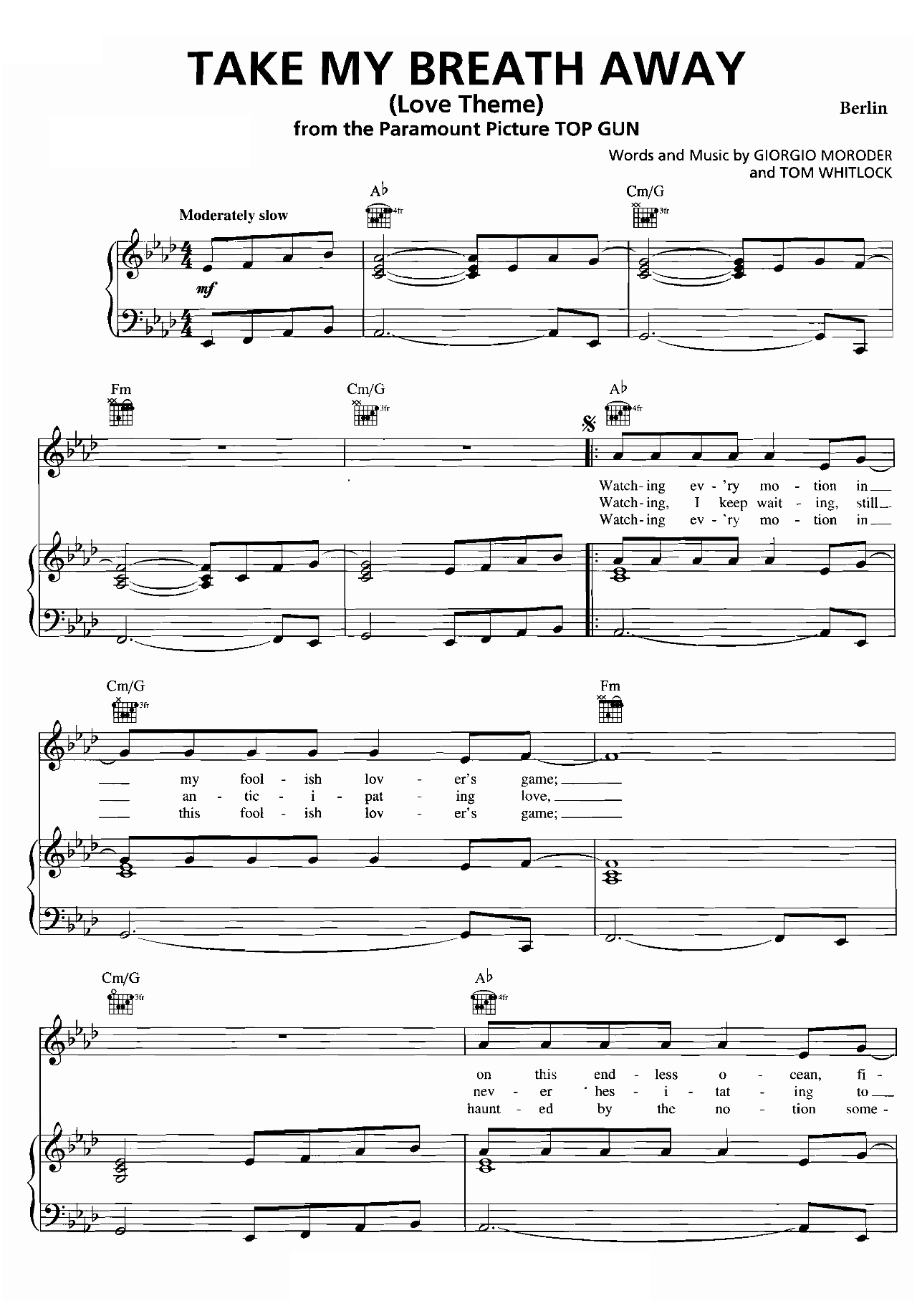 Take My Breath Away (from Top Gun) sheet music