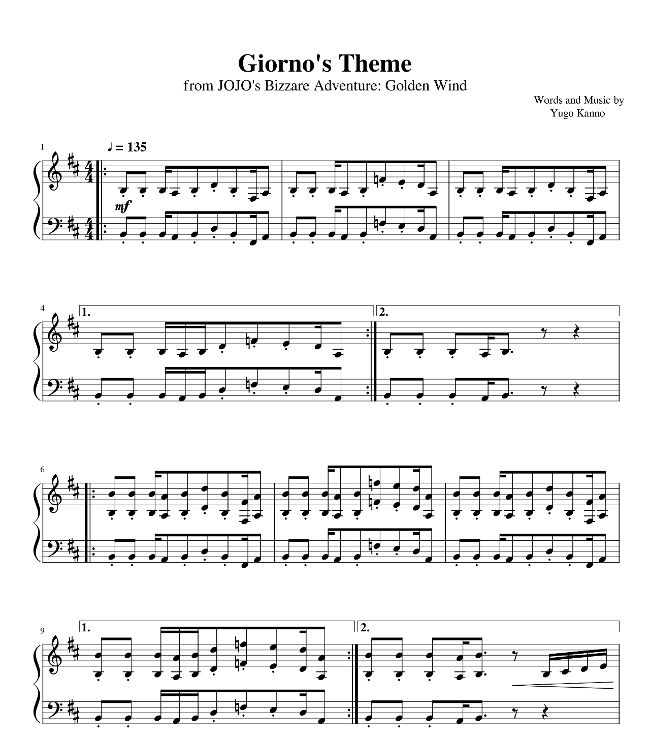 Giorno's Theme (from Jojo's Bizarre Adventure) sheet music