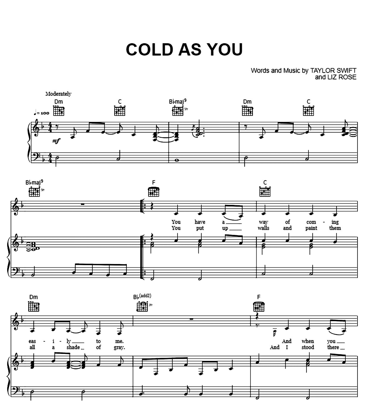 Cold As You sheet music