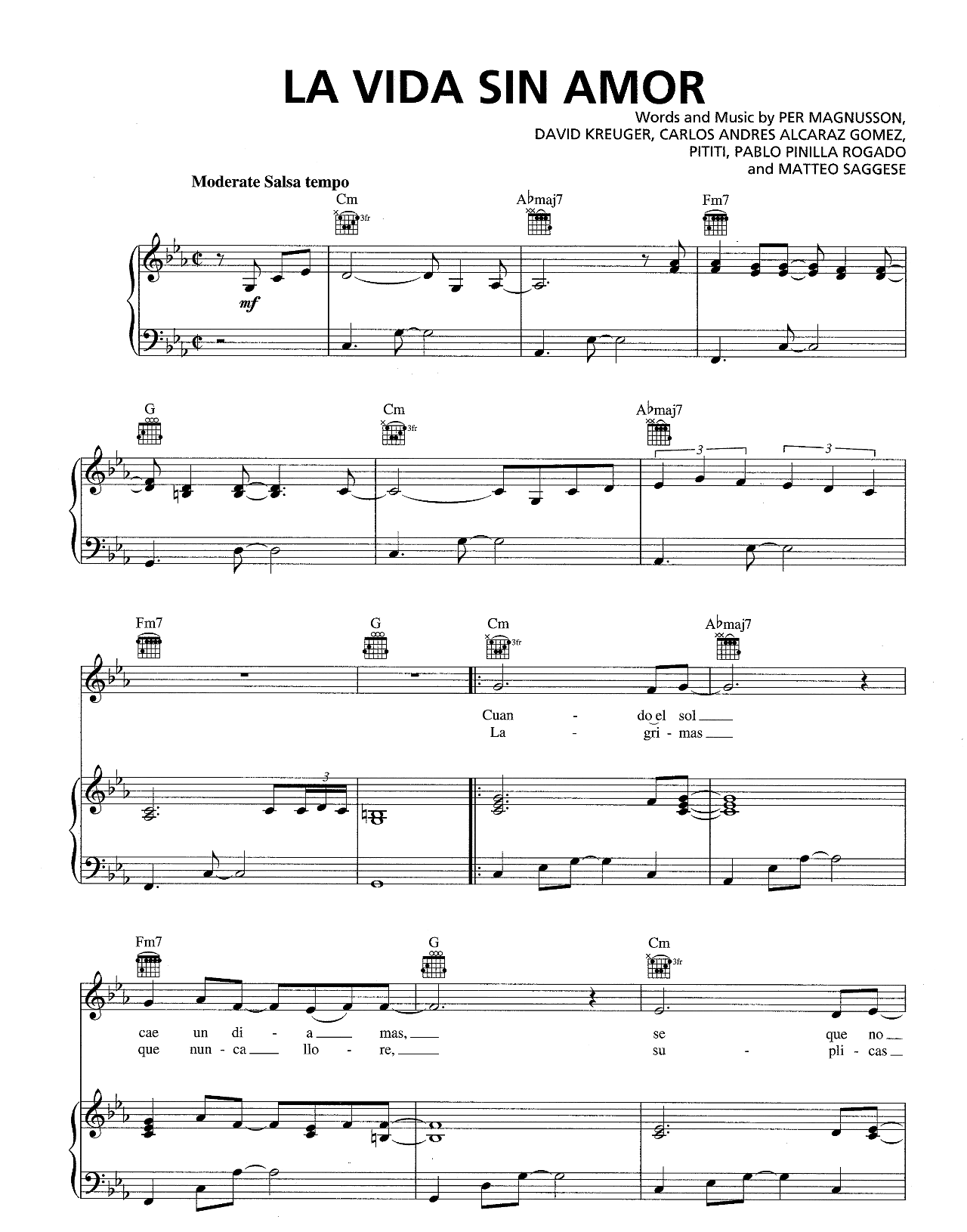 La Vida Sin Amor sheet music