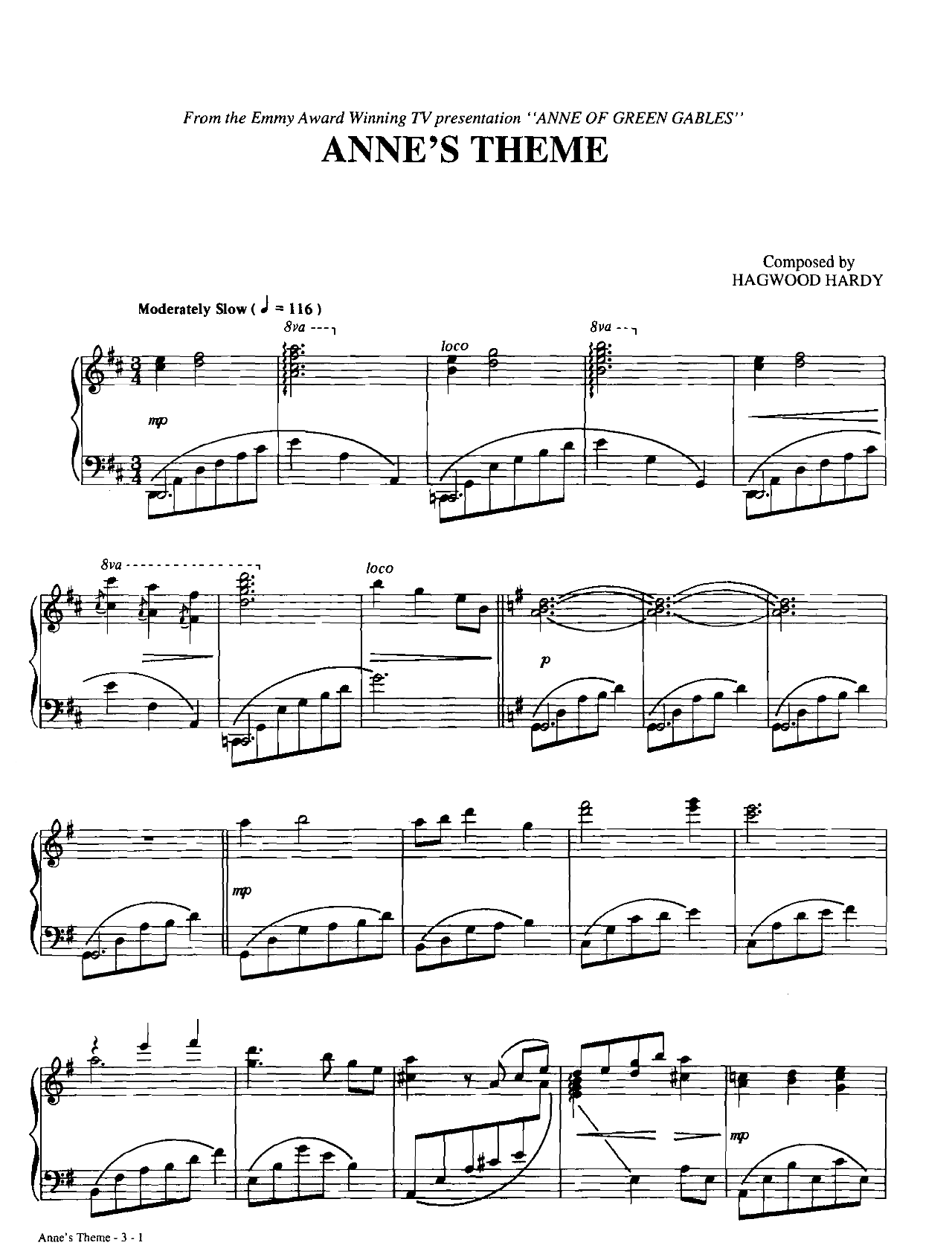 Anne's Theme (from Anne Of Green Gables) sheet music