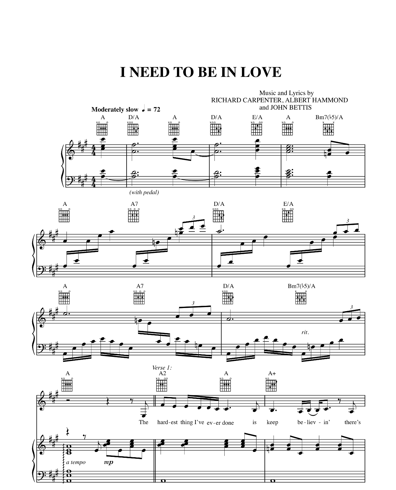 I Need To Be In Love sheet music