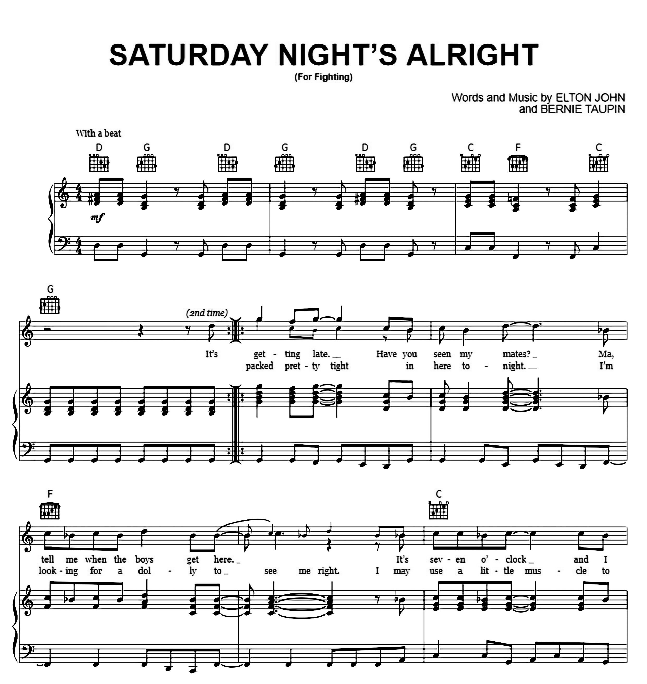 Saturday Night's Alright For Fighting sheet music