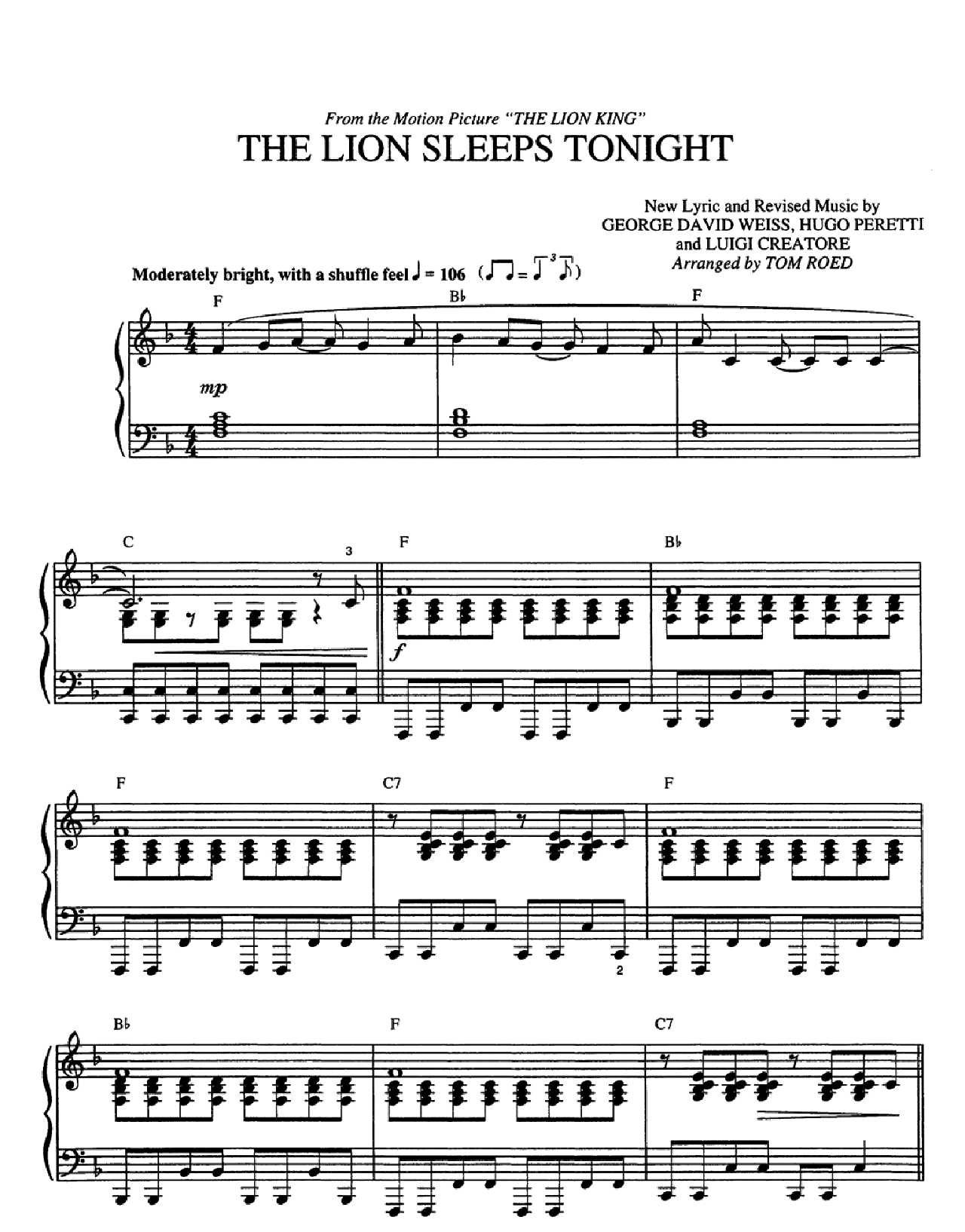 The Lion Sleeps Tonight (from The Lion King) sheet music