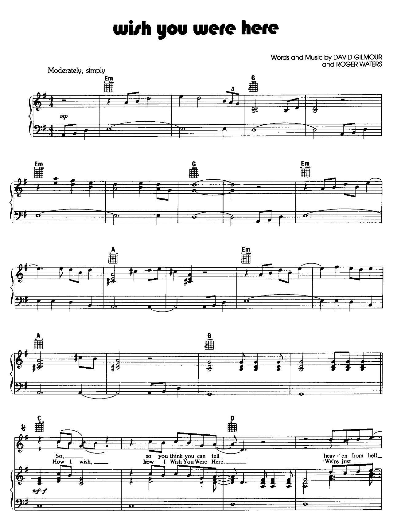 Wish You Were Here sheet music