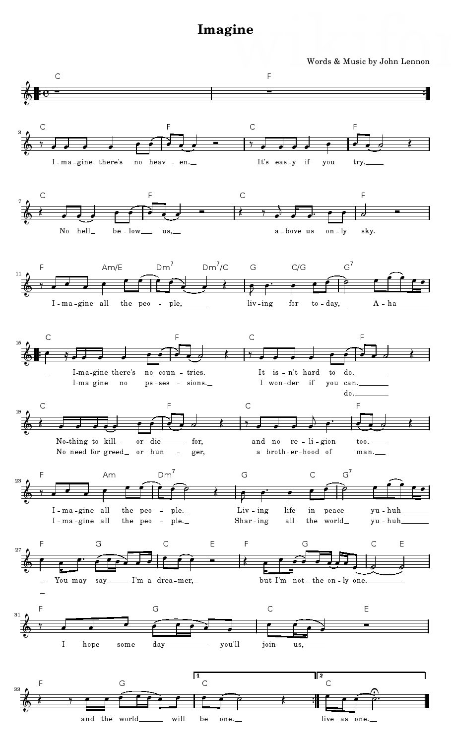 Imagine sheet music